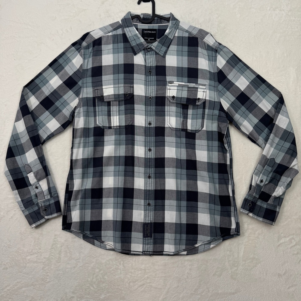 Calvin Klein Jeans Shirt Mens XL Gray Black Plaid Cotton Long Sleeve Button Up